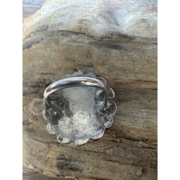 Vintage Zuni Inlay Turquoise Coral Sunface Sterling Silver Ring - Picture 5 of 10